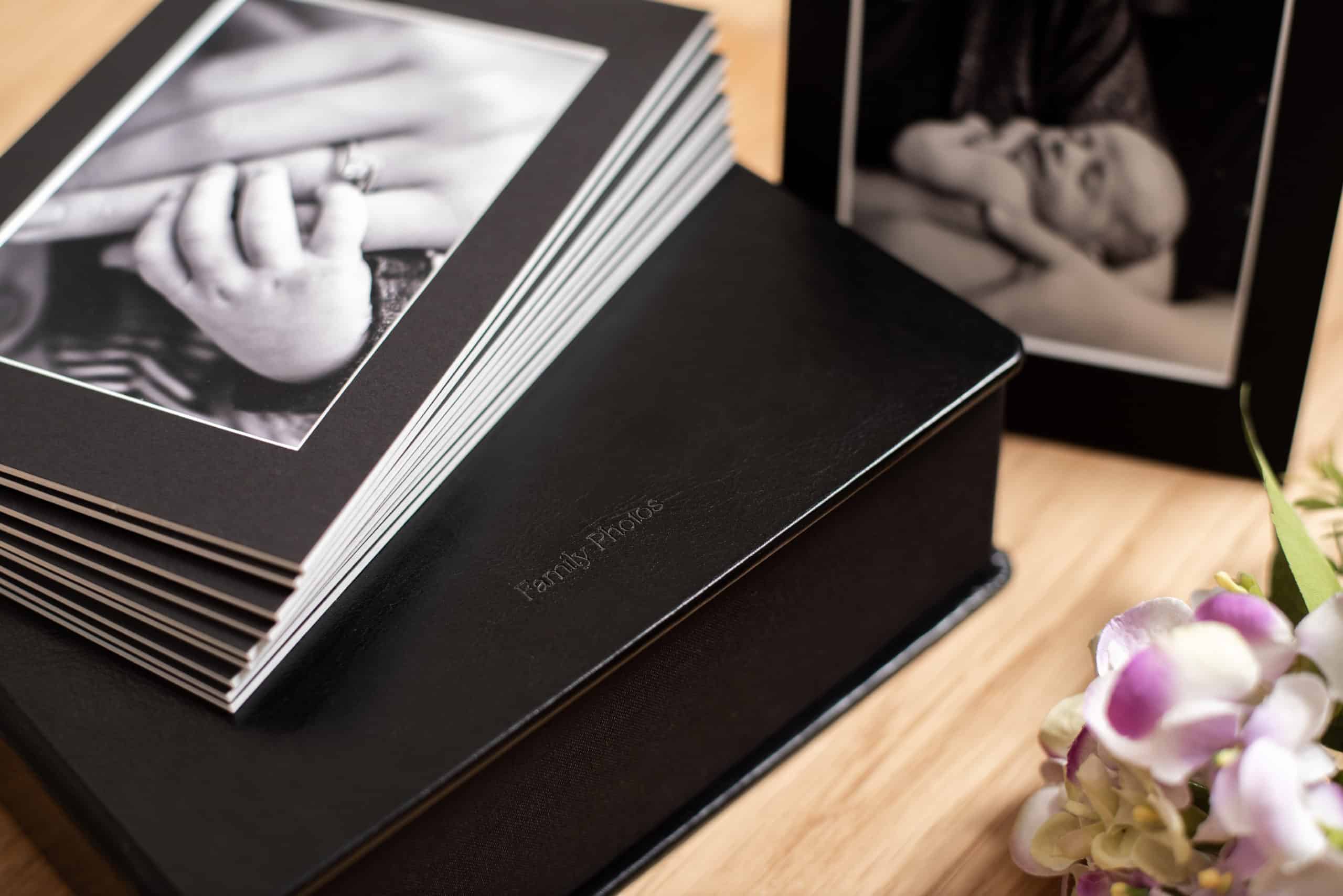 Prints and their matching bespoke box as some examples of products that you can purchase through Minah Photography. mounted prints