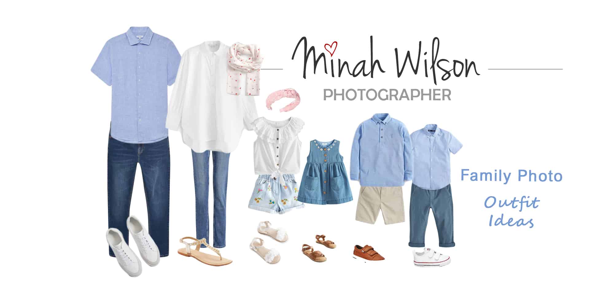 Mood board of clothes for a family photo shoot - what to wear in light blue colours and cream/beige for a spring summer photo session